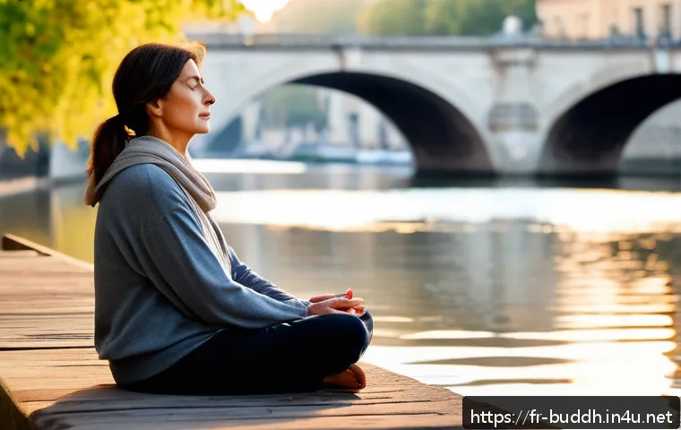 불교에서의 비움 - A serene urban meditation scene in Paris at dawn, featuring a middle-aged French woman wearing comfo...