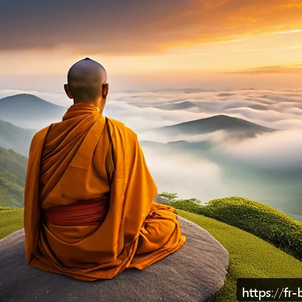 불교의 윤회 사상 - A serene Buddhist monk meditating on a mountaintop at dawn, surrounded by swirling ethereal spirals ...
