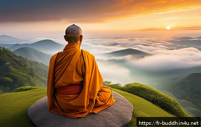 불교의 윤회 사상 - A serene Buddhist monk meditating on a mountaintop at dawn, surrounded by swirling ethereal spirals ...