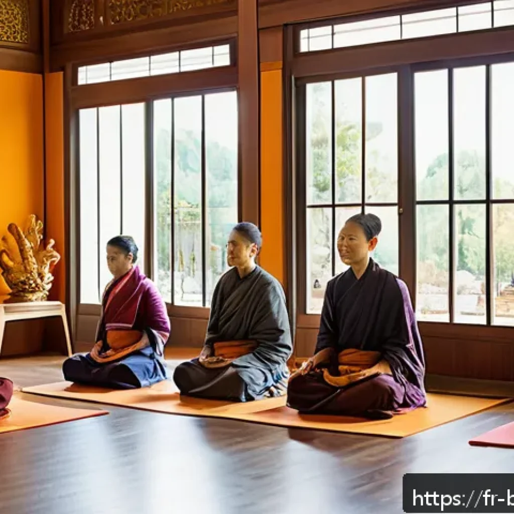 불교에서의 전통 보존 - A modern Buddhist temple interior transformed into a vibrant community center in a French urban sett...