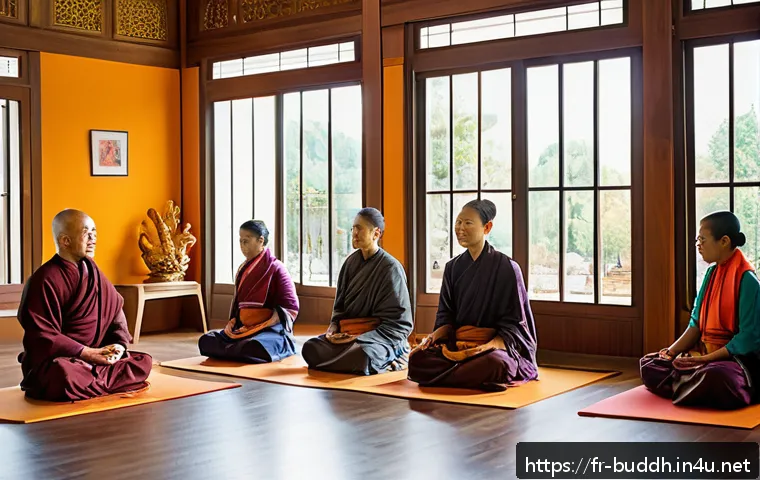 불교에서의 전통 보존 - A modern Buddhist temple interior transformed into a vibrant community center in a French urban sett...