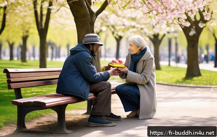 불교에서의 희생과 헌신 - A serene urban park scene in Paris during early spring, featuring a diverse group of people engaging...