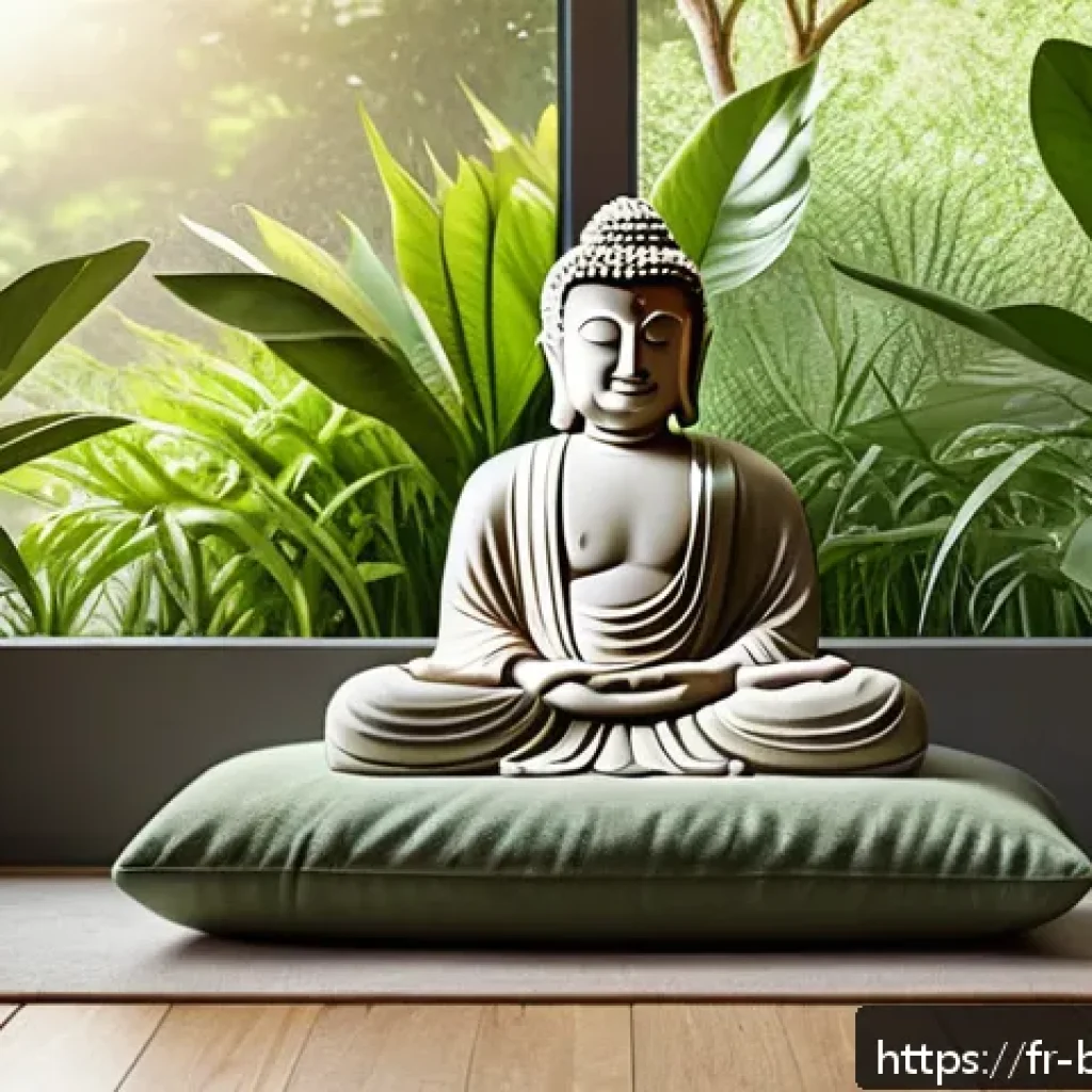 불교에서의 일상의 수행 - A serene home meditation corner bathed in soft natural light from a large window overlooking a lush ...