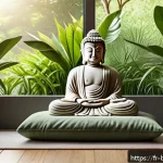 Home 21 불교에서의 일상의 수행 - A serene home meditation corner bathed in soft natural light from a large window overlooking a lush ...