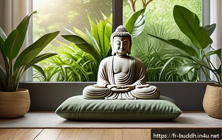 불교에서의 일상의 수행 - A serene home meditation corner bathed in soft natural light from a large window overlooking a lush ...