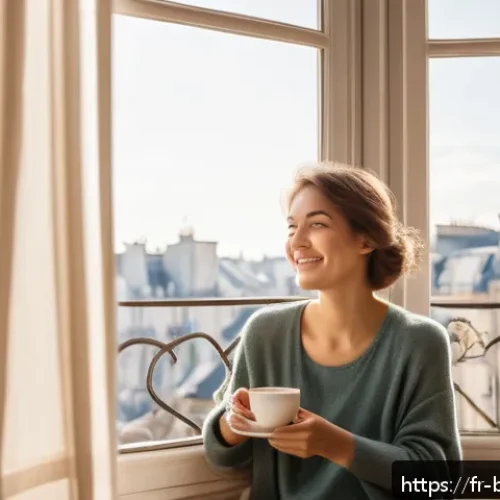 Home 32 불교에서의 감사 실천 - A serene morning scene capturing a young adult woman sitting peacefully by a large window in a cozy ...