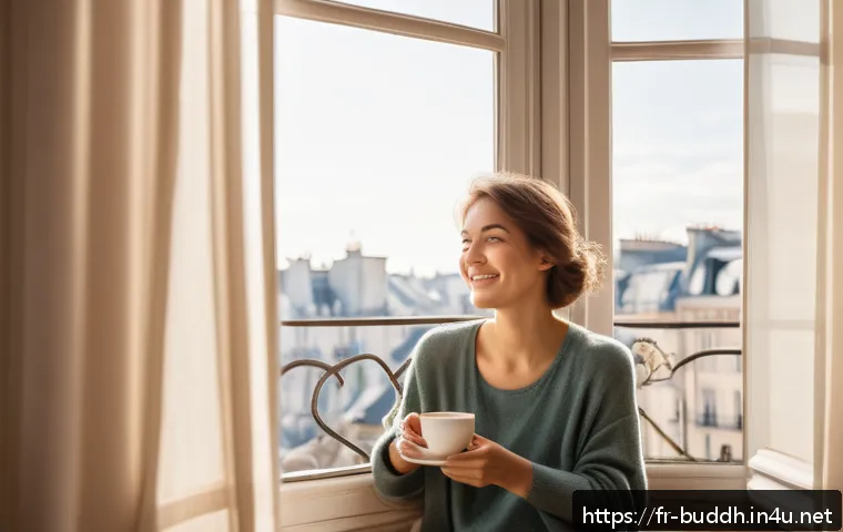 불교에서의 감사 실천 - A serene morning scene capturing a young adult woman sitting peacefully by a large window in a cozy ...