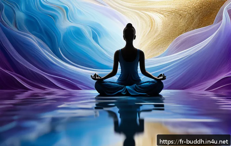 불교와 마음의 구조 - A serene, abstract representation of the fluid nature of human consciousness: visualize a gently flo...