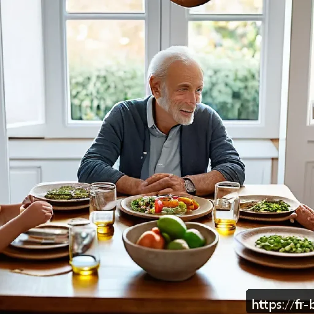 불교와 가족 - A warm, intimate family scene during dinner in a cozy modern French home, featuring three generation...