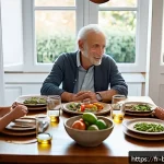 Home 18 불교와 가족 - A warm, intimate family scene during dinner in a cozy modern French home, featuring three generation...