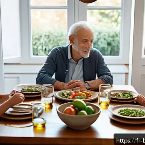 Home 30 불교와 가족 - A warm, intimate family scene during dinner in a cozy modern French home, featuring three generation...