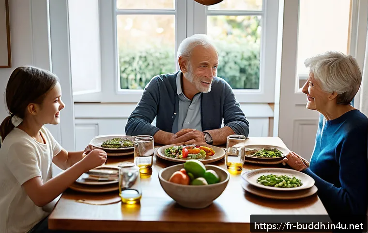 불교와 가족 - A warm, intimate family scene during dinner in a cozy modern French home, featuring three generation...