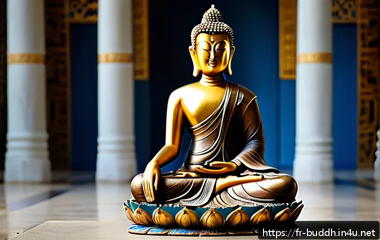 불교 미술과 문화 - A serene and detailed depiction of a traditional Buddhist statue seated in meditation posture, with ...
