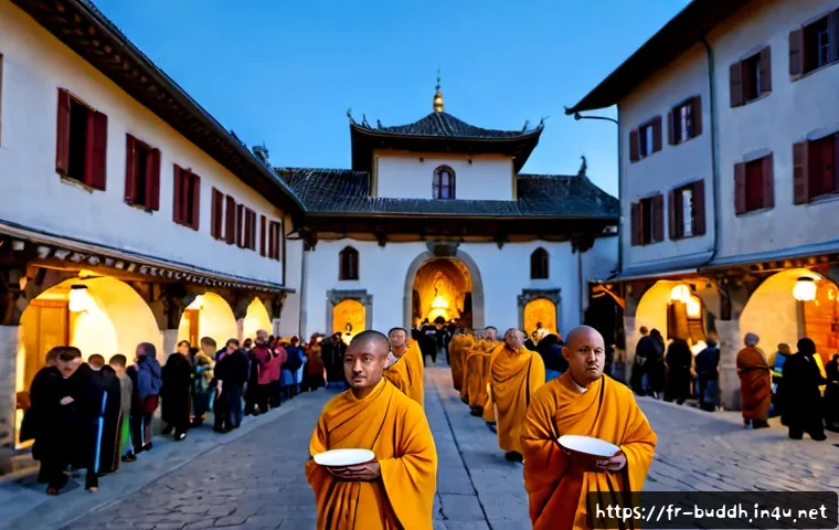 불교 축제와 행사 - Photorealistic Buddhist festival in a historic French town square at early evening, peaceful process...