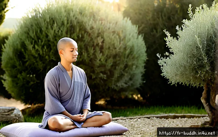 불교에서의 마음의 쉼 - Photorealistic peaceful Buddhist meditation scene in a quiet French countryside retreat garden, an a...