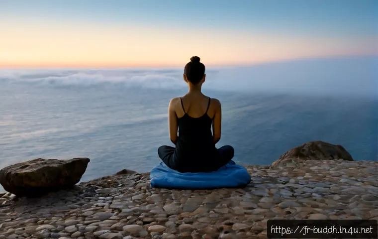 불교와 우주 의식 - Photorealistic contemplative scene of a French Buddhist practitioner in simple modest meditation clo...
